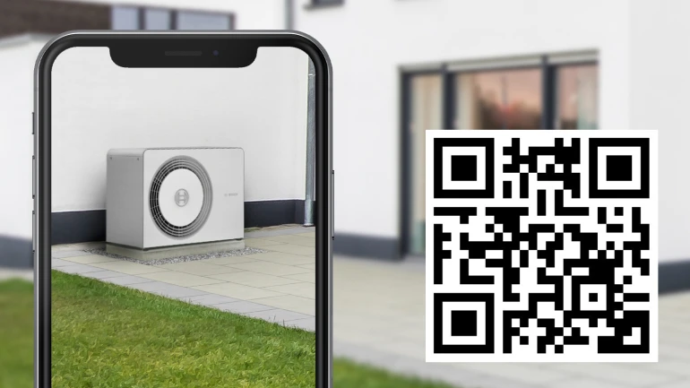 Visualisation en réalité augmentée d'une pompe à chaleur Bosch installée devant une maison individuelle