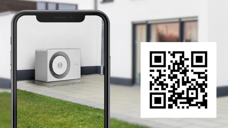 A Bosch 3D-s hőszivattyú-szimulációjával virtuálisan elhelyezett hőszivattyú a kertben.