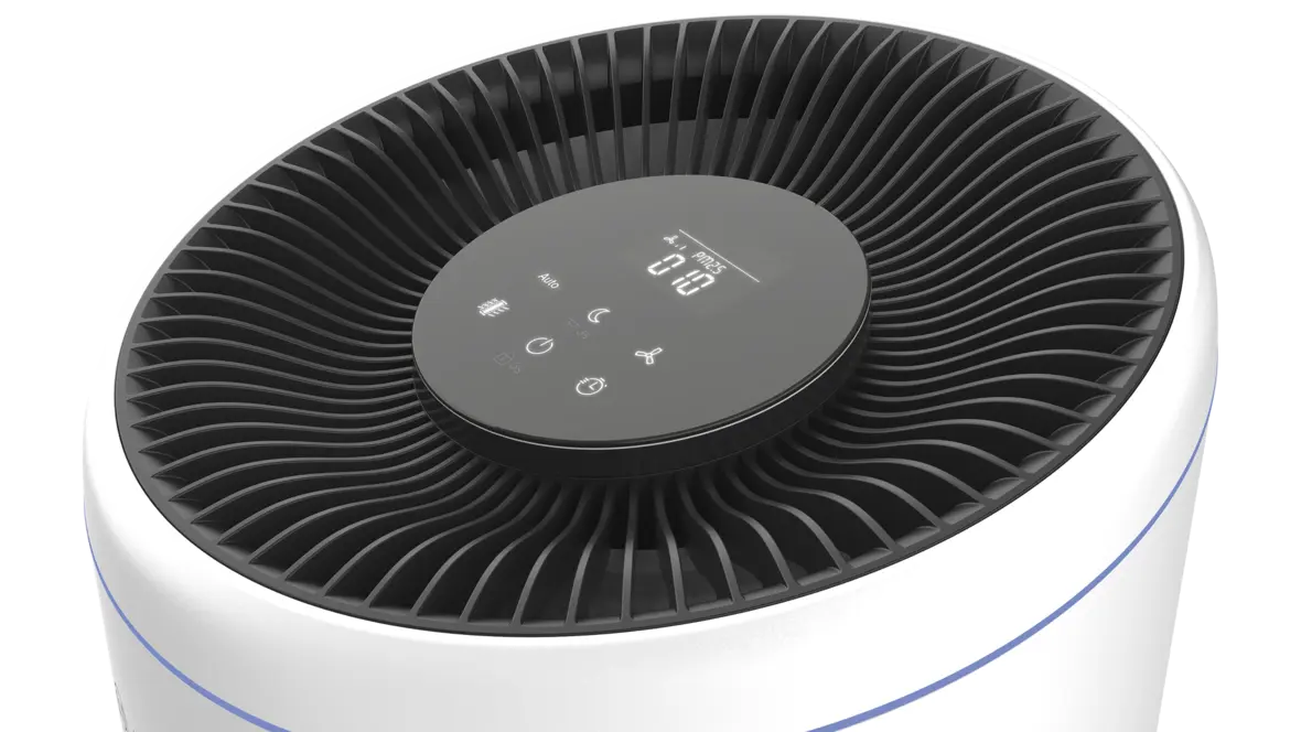 Touch-Bedienfeld des Bosch Air 4000 Luftreinigers mit LED-Anzeige und Steuerungssymbolen auf schwarzer Oberfläche.