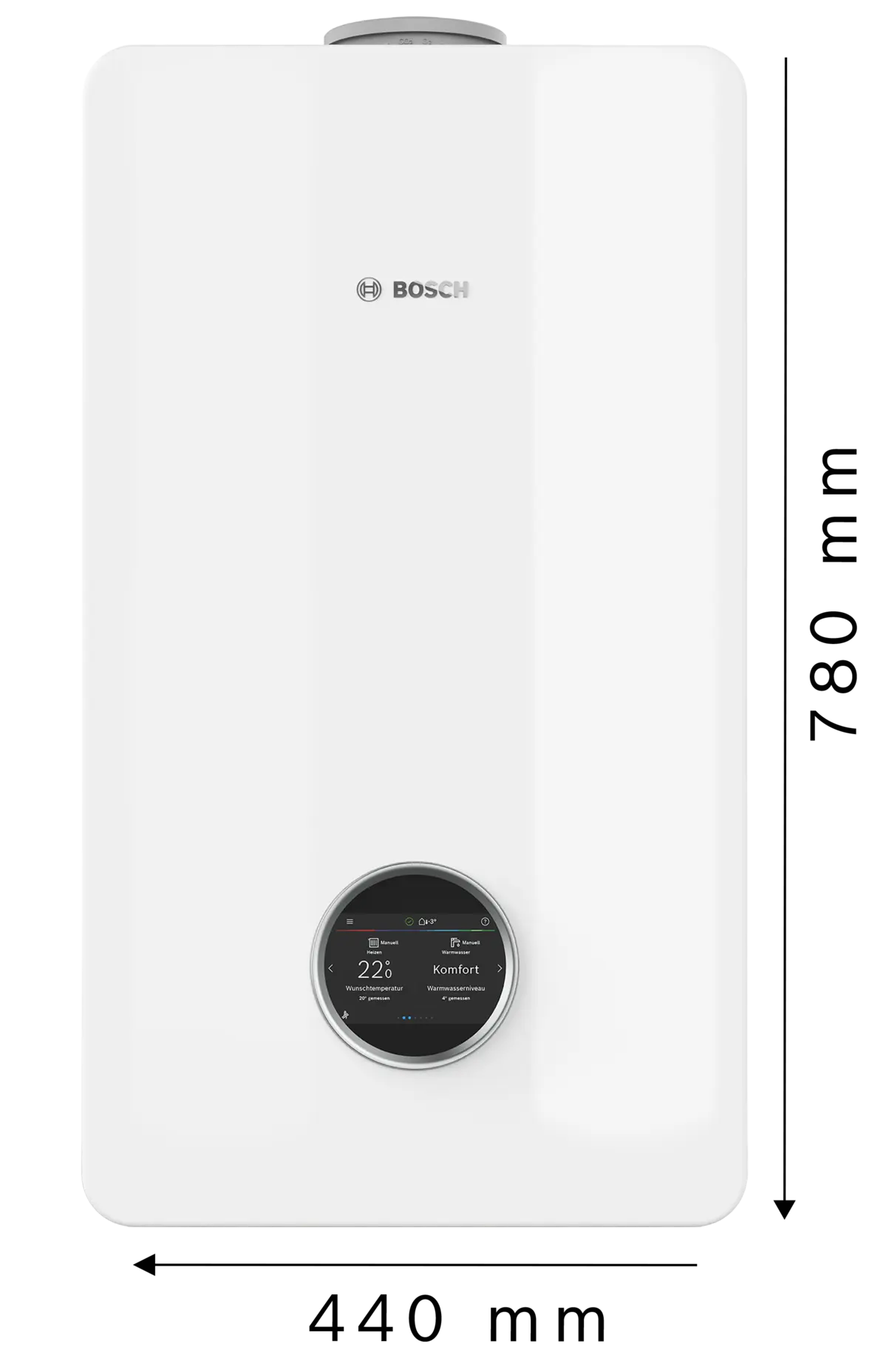 Bosch All-in-One Heizung Compress Hybrid 5800i G an der Wand 
Maße Gerät (Inneneinheit): Höhe 780 mm x Breite 440 mm x Tiefe 365 mm