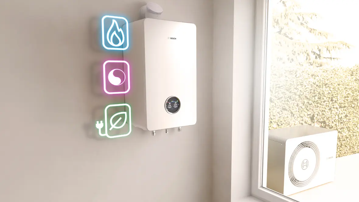 Werbemotiv mit Bosch All-in-One Heizung Compress Hybrid 5800i G, Symbolen für Energiequellen und Text zur Systemvielfalt.