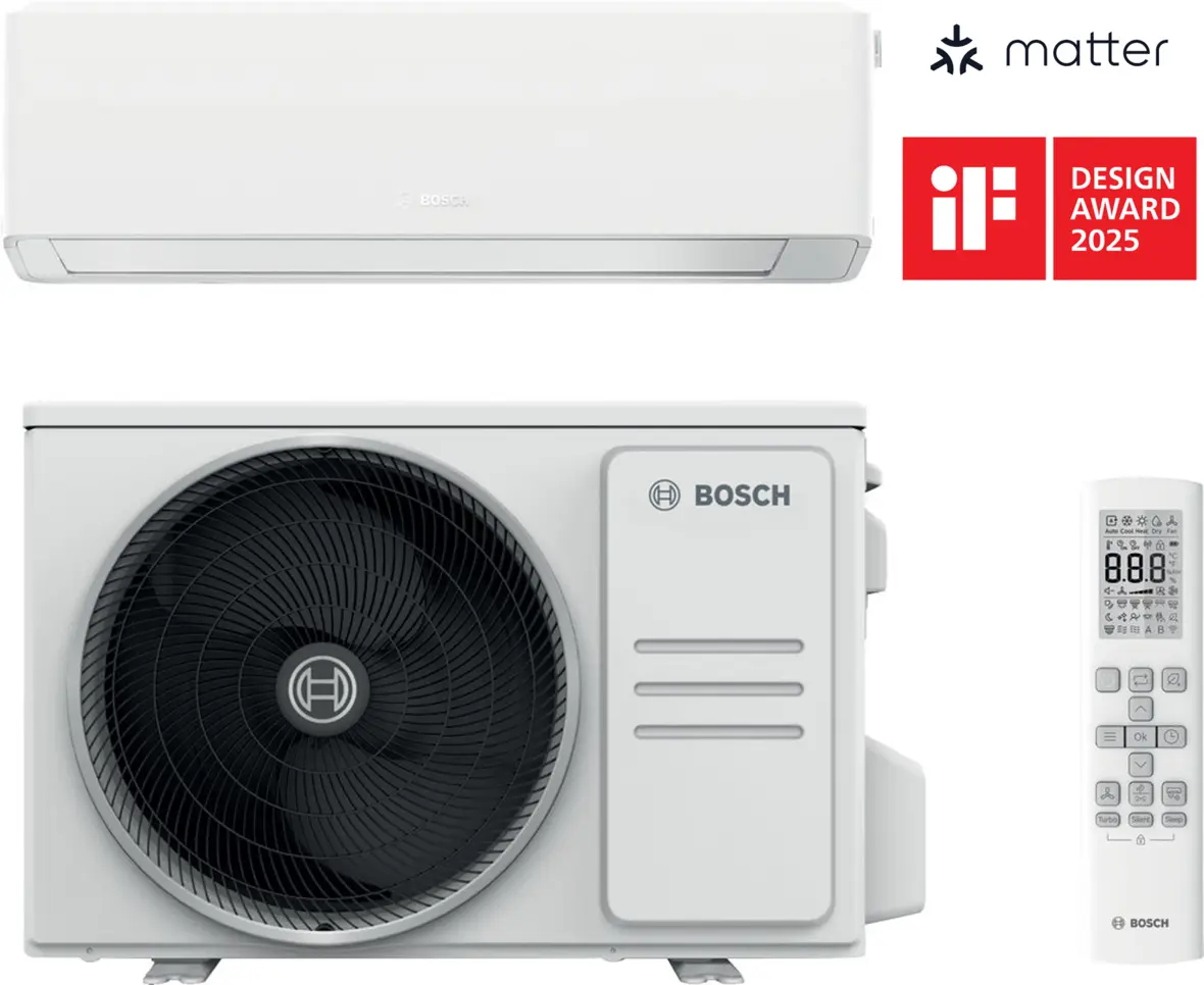 Wandmontiertes weißes Bosch Climate 7000i Single-Split Klimagerät mit schlankem, minimalistischem Design und Luftauslass unten.