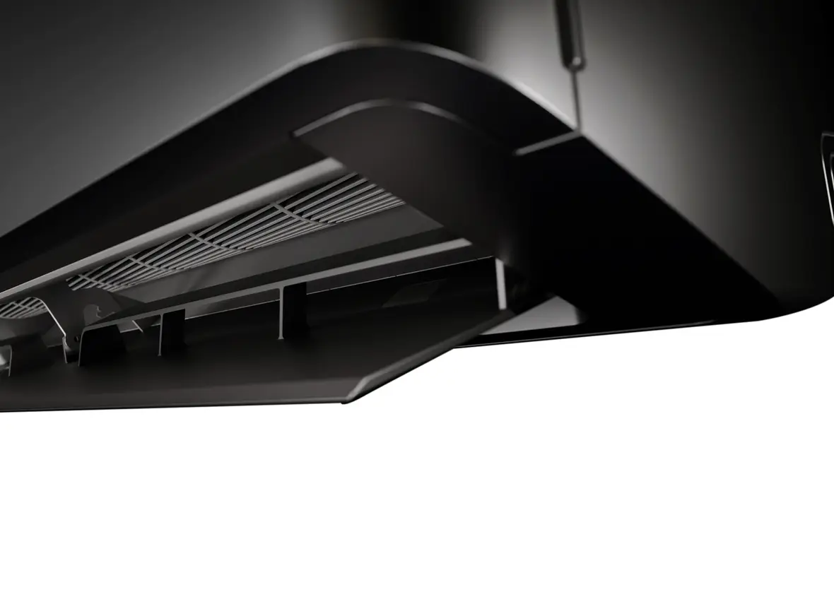 Nahaufnahme der schwarzen Bosch Climate 7000i Indoor-Unit mit geöffneten Lamellen und sichtbarem Luftauslass.