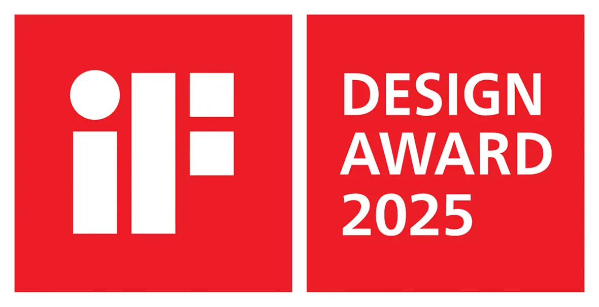 iF Design Award 2025 Logo mit weißer Schrift und Symbol auf rotem Hintergrund.