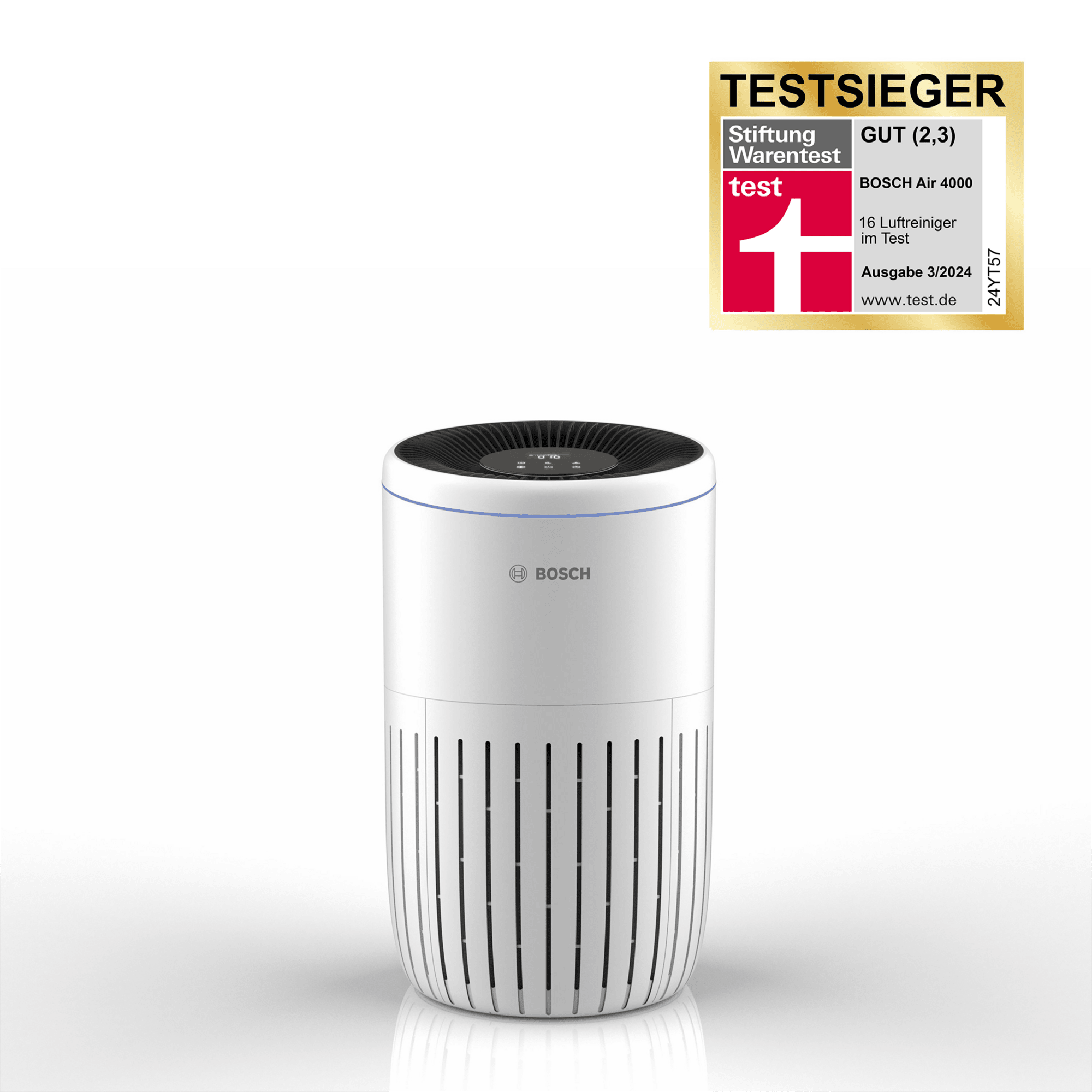 Weißer Bosch Air 4000 Luftreiniger mit Testsieger-Siegel der Stiftung Warentest, Note 2,3.