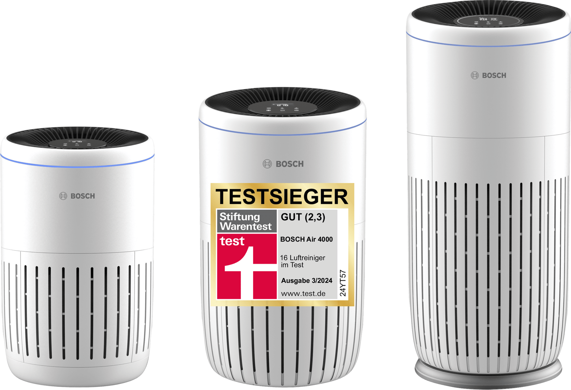 Die Bosch Air 2000, Bosch Air 4000 und Bosch Air 6000 Luftreiniger nebeneinander abgebildet