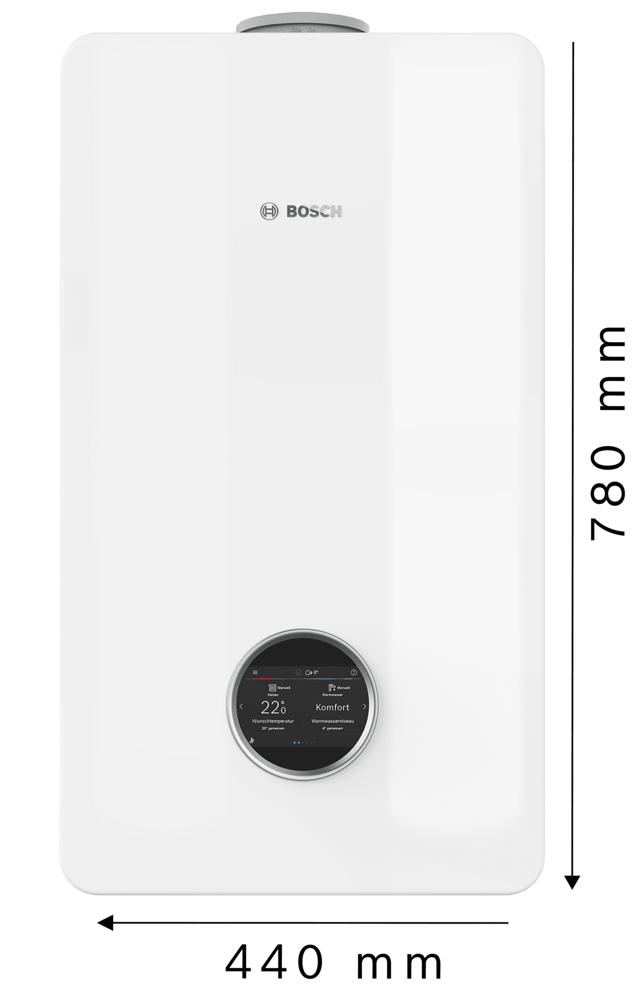 Bosch All-in-One Heizung Compress Hybrid 5800i G an der Wand 
Maße Gerät (Inneneinheit): Höhe 780 mm x Breite 440 mm x Tiefe 365 mm