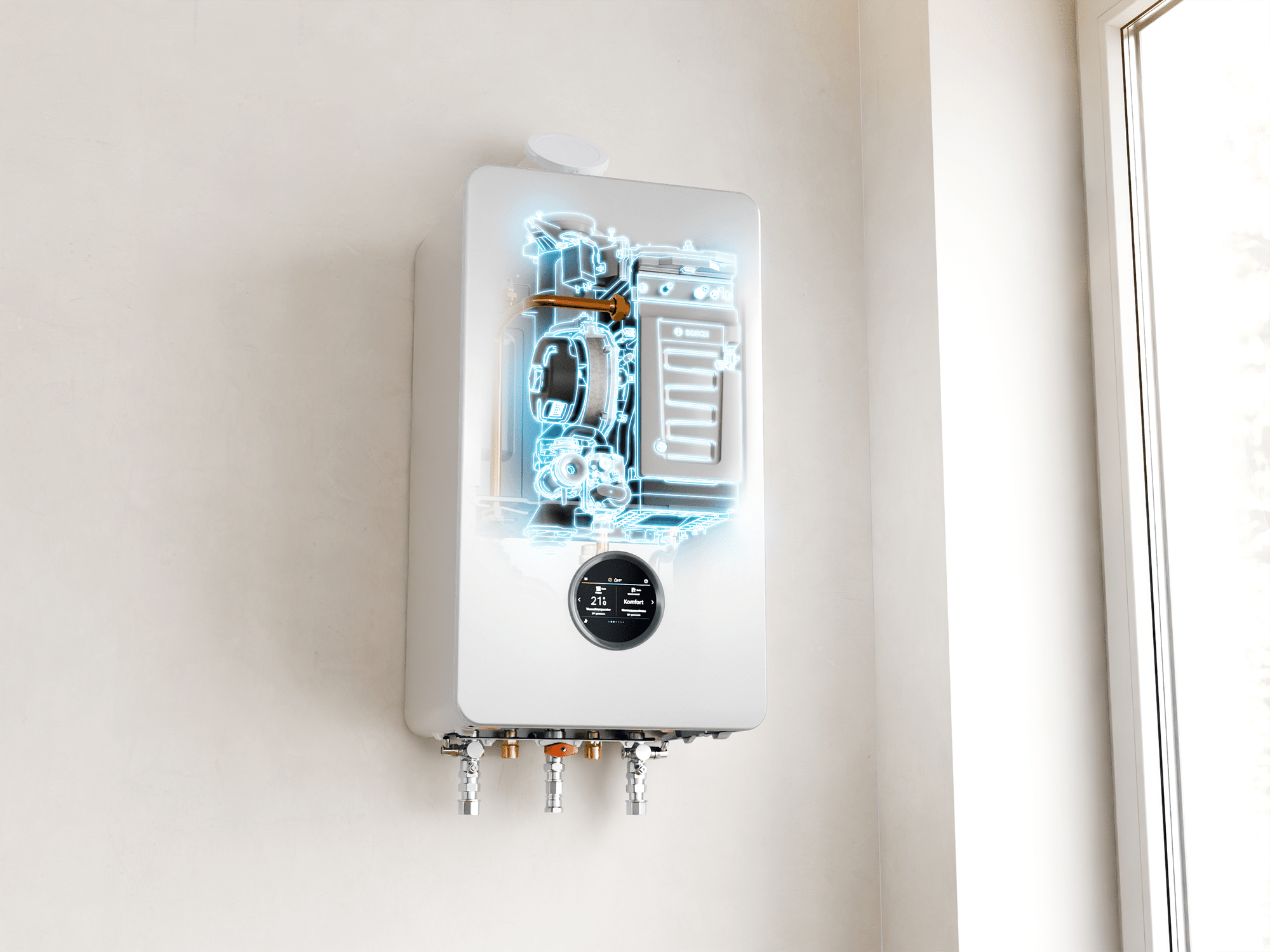 Bosch All-in-One Heizung Compress Hybrid 5800i G mit transparenter Front zeigt Blick ins Gerät mit inneren Komponenten.