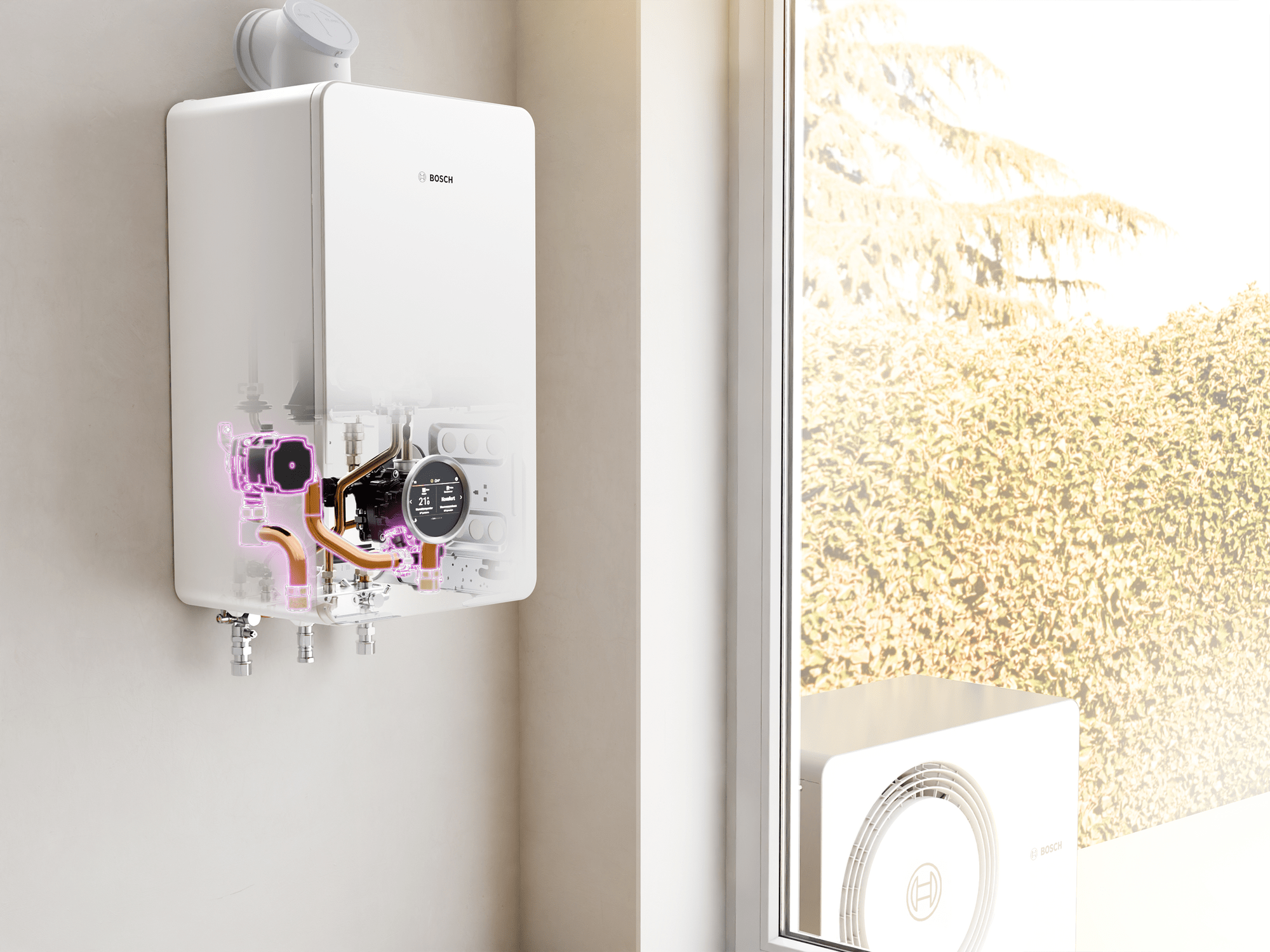 Bosch All-in-One Heizung Compress Hybrid 5800i G mit transparenter Front zeigt Blick ins Gerät mit inneren Komponenten, Außeneinheit im Garten sichtbar.