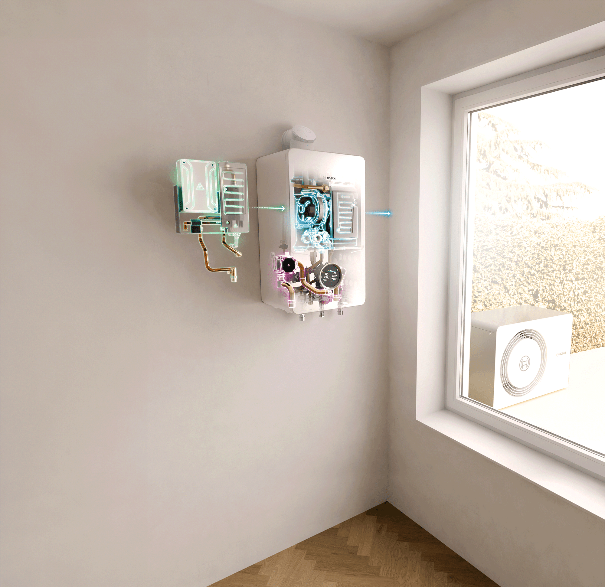 Röntgenansicht der Bosch All-in-One Compress Hybrid 5800i G: Die Grafik zeigt die Technik im Wandgerät und die Außeneinheit.