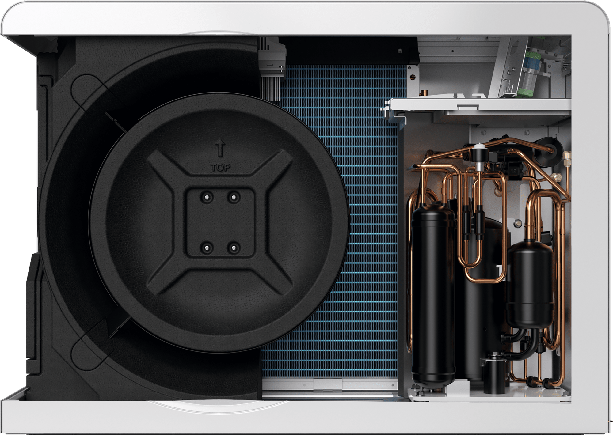 Innenansicht der Bosch Compress 5800iAW Wärmepumpe, die den Ventilator links und weitere Bauteile rechts im Gerät zeigt.