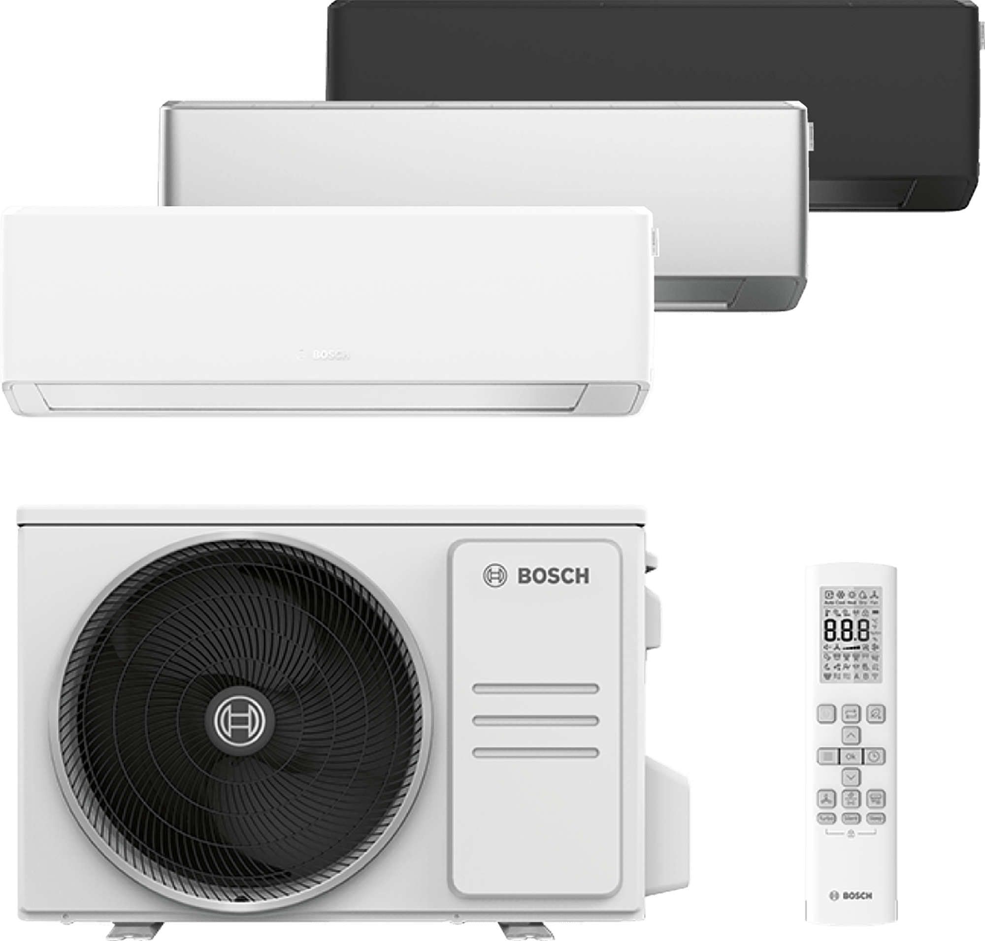 Bosch Climate 7000i Single-Split Klimagerät mit drei Innengeräten, Außengerät und Fernbedienung.