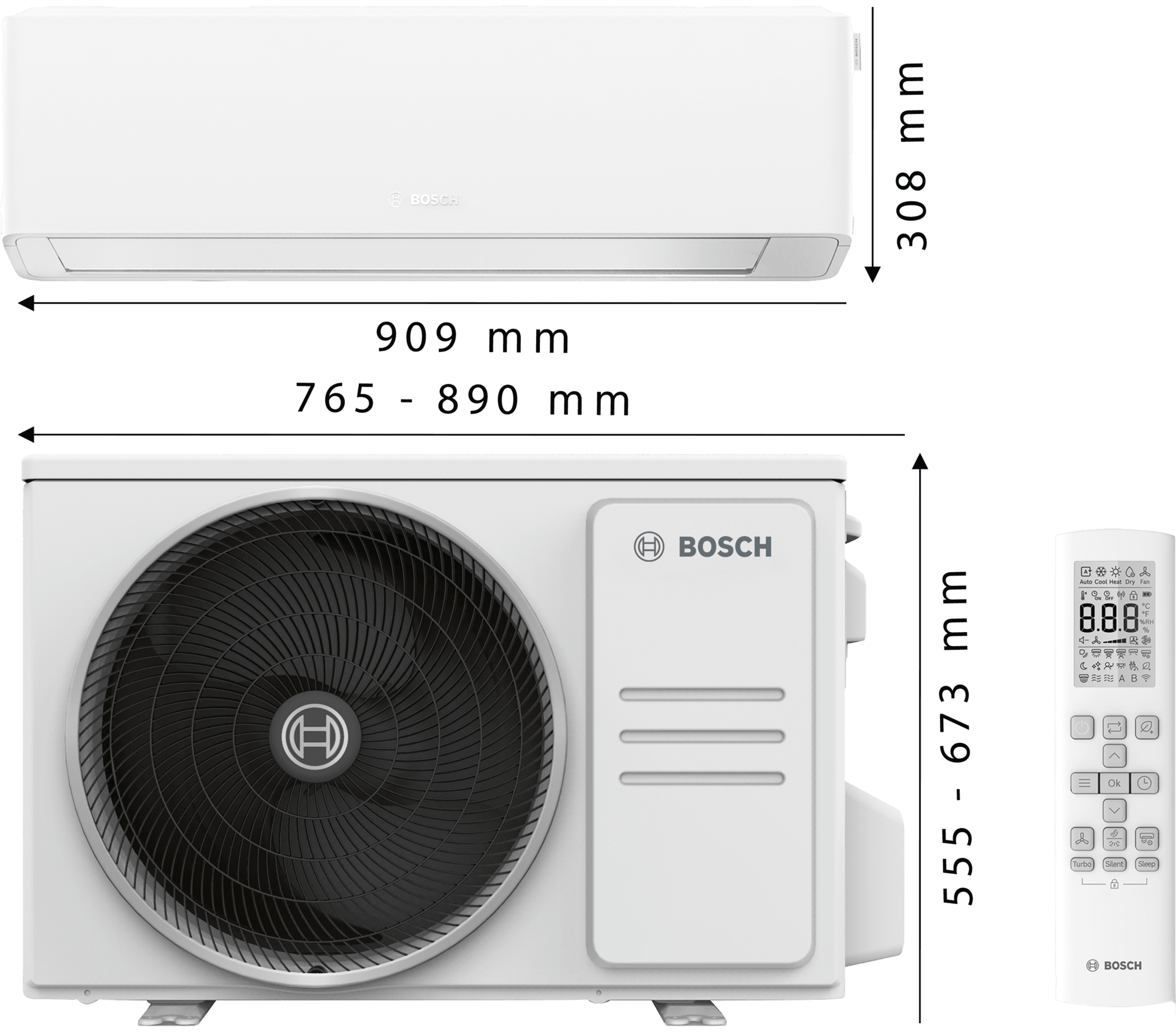 Bosch Climate 7000i Single-Split Klimagerät mit Inneneinheit, Außeneinheit und Fernbedienung in Frontalansicht.