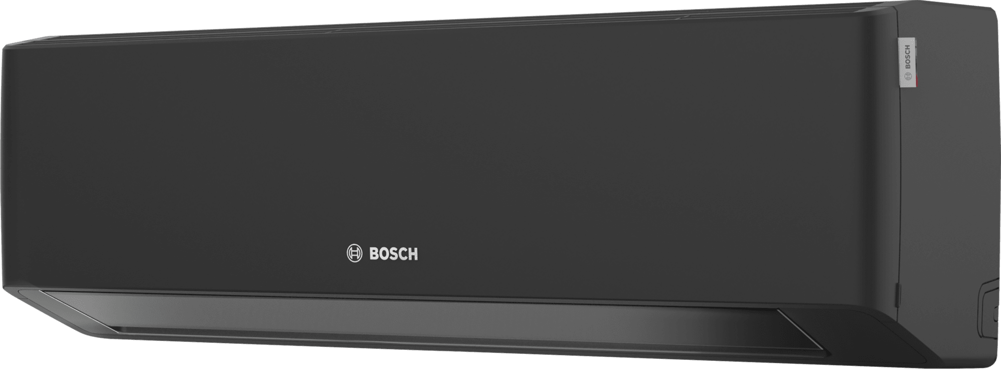 Die schwarze Inneneinheit des Bosch Climate 7000i Klimageräts in schräger Frontansicht mit Luftauslass unten.