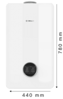 Bosch All-in-One Heizung Compress Hybrid 5800i G an der Wand 
Maße Gerät (Inneneinheit): Höhe 780 mm x Breite 440 mm x Tiefe 365 mm