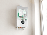 Bosch All-in-One Heizung Compress Hybrid 5800i G zeigt Blick ins Gerät mit sichtbaren Innenkomponenten, wandmontiert neben Fenster.