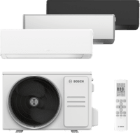 Bosch Climate 7000i Single-Split Klimagerät mit drei Innengeräten, Außengerät und Fernbedienung.
