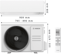 Bosch Climate 7000i Single-Split Klimagerät mit Inneneinheit, Außeneinheit und Fernbedienung in Frontalansicht.
