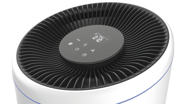 Touch-Bedienfeld des Bosch Air 4000 Luftreinigers mit LED-Anzeige und Steuerungssymbolen auf schwarzer Oberfläche.