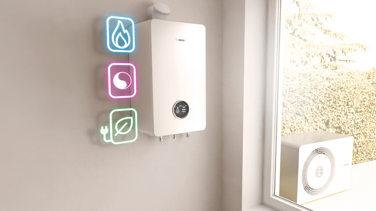 Werbemotiv mit Bosch All-in-One Heizung Compress Hybrid 5800i G, Symbolen für Energiequellen und Text zur Systemvielfalt.