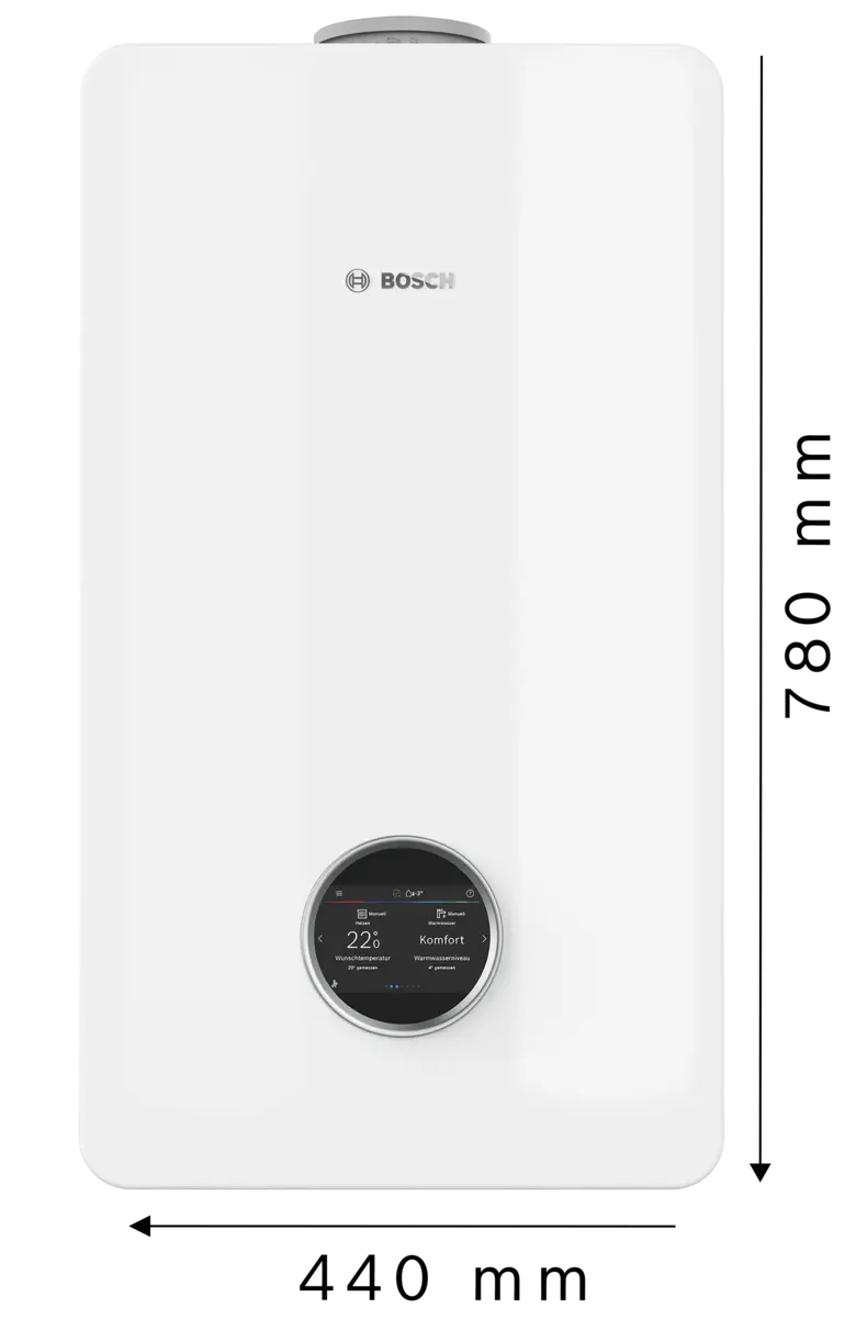 Bosch All-in-One Heizung Compress Hybrid 5800i G an der Wand 
Maße Gerät (Inneneinheit): Höhe 780 mm x Breite 440 mm x Tiefe 365 mm