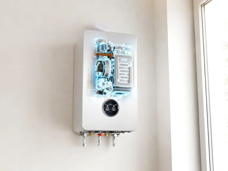 Bosch All-in-One Heizung Compress Hybrid 5800i G mit transparenter Front zeigt Blick ins Gerät mit inneren Komponenten.