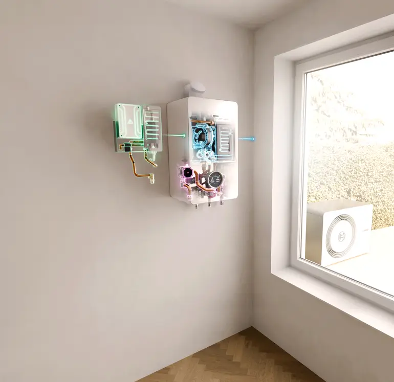 Röntgenansicht der Bosch All-in-One Compress Hybrid 5800i G: Die Grafik zeigt die Technik im Wandgerät und die Außeneinheit.