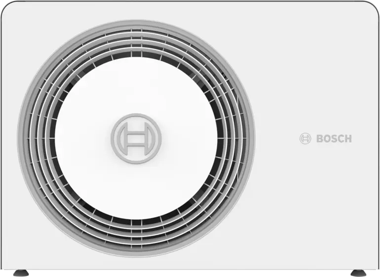 Frontansicht der Bosch Compress 5800i AW Wärmepumpe mit zentralem Ventilator im kompakten Small-Chassis-Design.