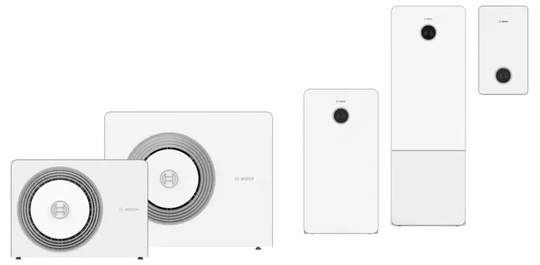 Übersicht der Bosch Compress 5800i AW Wärmepumpen-Produktfamilie mit zwei Außengeräten und drei verschiedenen Inneneinheiten in Weiß.