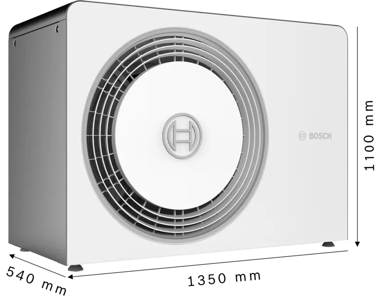 Seitenansicht der Bosch Compress 5800i AW Wärmepumpe mit zentralem Lüfter und kompaktem, weißem Gehäuse.