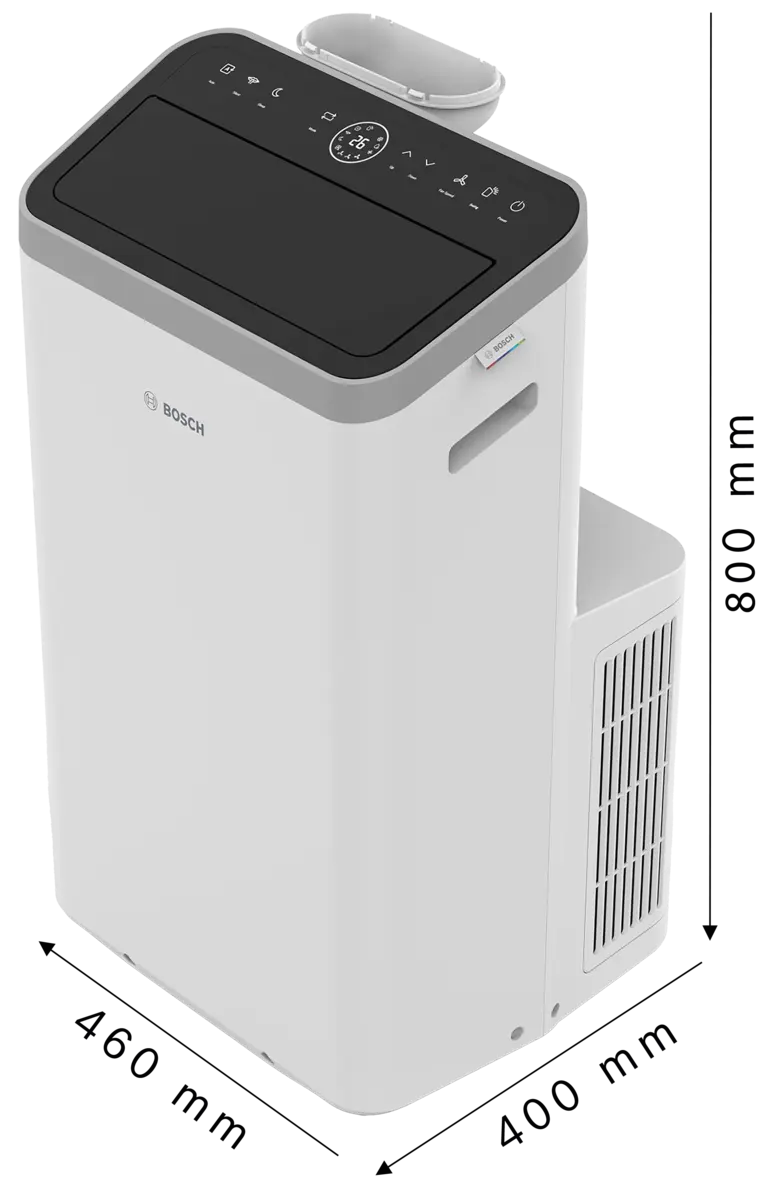 Mobiles Klimagerät Bosch Cool 5000 mit Bedienfeld oben und hinterer Lüftungsöffnung, aus seitlich-oberer Perspektive gezeigt.