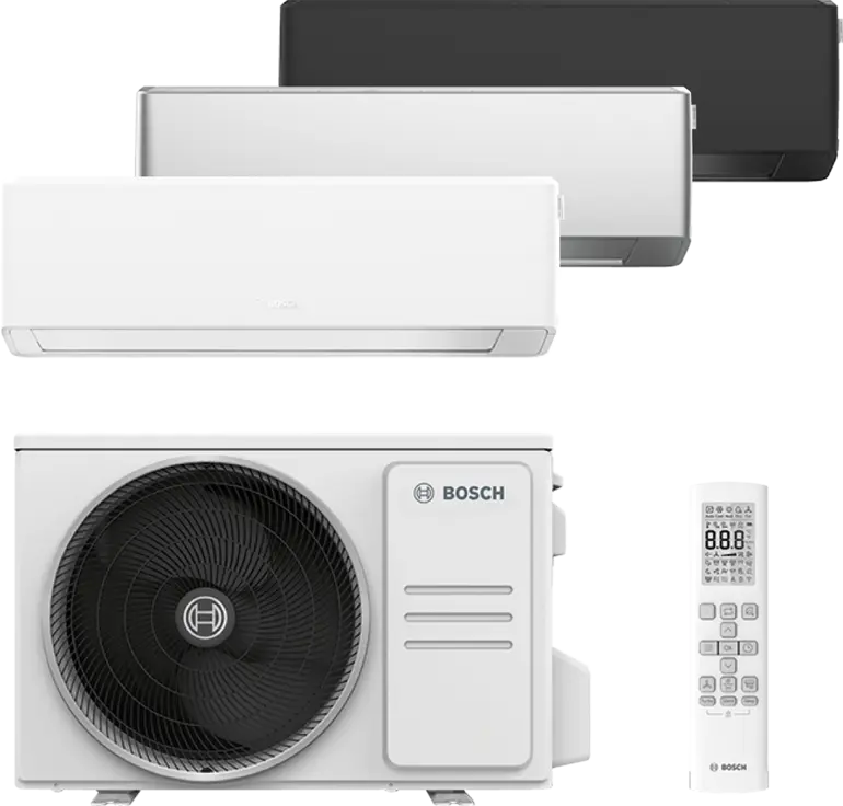 Bosch Climate 7000i Single-Split Klimagerät mit drei Innengeräten, Außengerät und Fernbedienung.