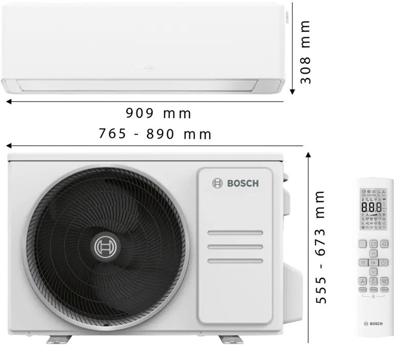 Bosch Climate 7000i Single-Split Klimagerät mit Inneneinheit, Außeneinheit und Fernbedienung in Frontalansicht.