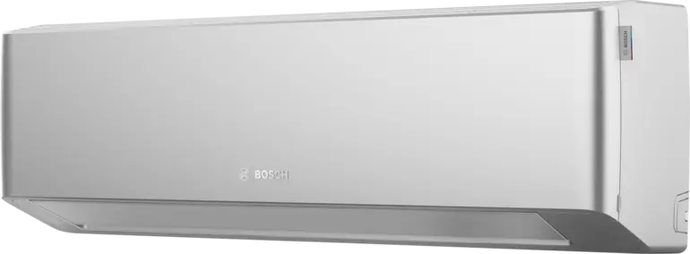 Die silberne Inneneinheit des Bosch Climate 7000i Klimageräts in schräger Frontansicht mit Luftauslass unten.