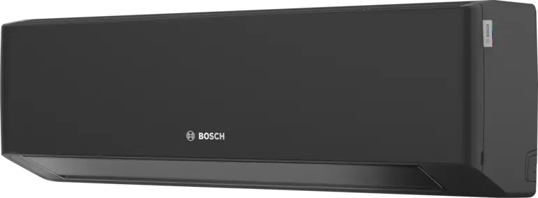 Die schwarze Inneneinheit des Bosch Climate 7000i Klimageräts in schräger Frontansicht mit Luftauslass unten.