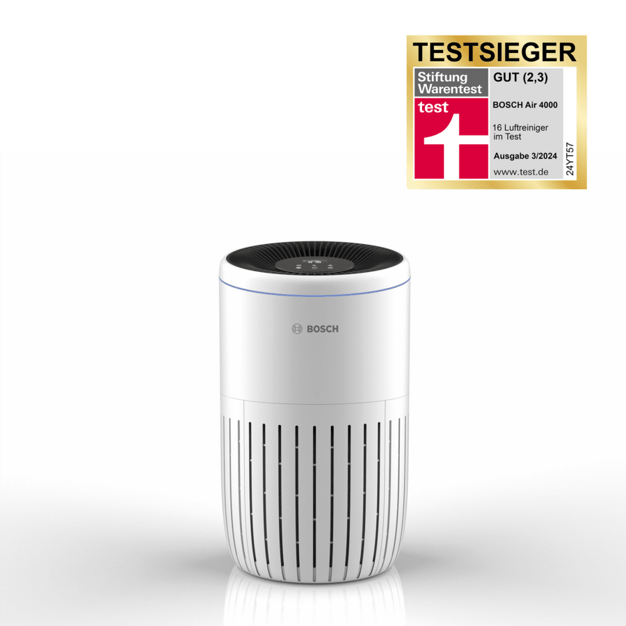 Weißer Bosch Air 4000 Luftreiniger mit Testsieger-Siegel der Stiftung Warentest, Note 2,3.