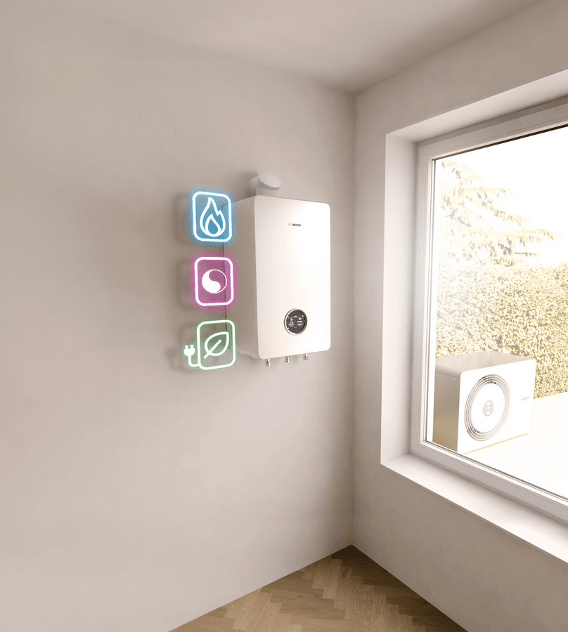 Bosch All-in-One Heizung Compress Hybrid 5800i G, Icons für Gas, Hybrid und Wärmepumpe leuchten daneben.