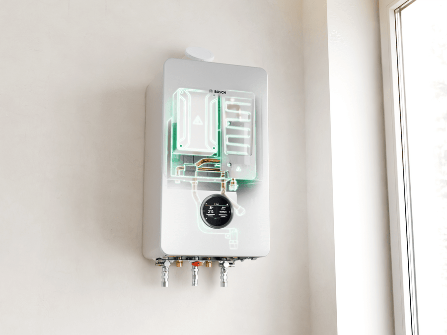 Bosch All-in-One Heizung Compress Hybrid 5800i G zeigt Blick ins Gerät mit sichtbaren Innenkomponenten, wandmontiert neben Fenster.