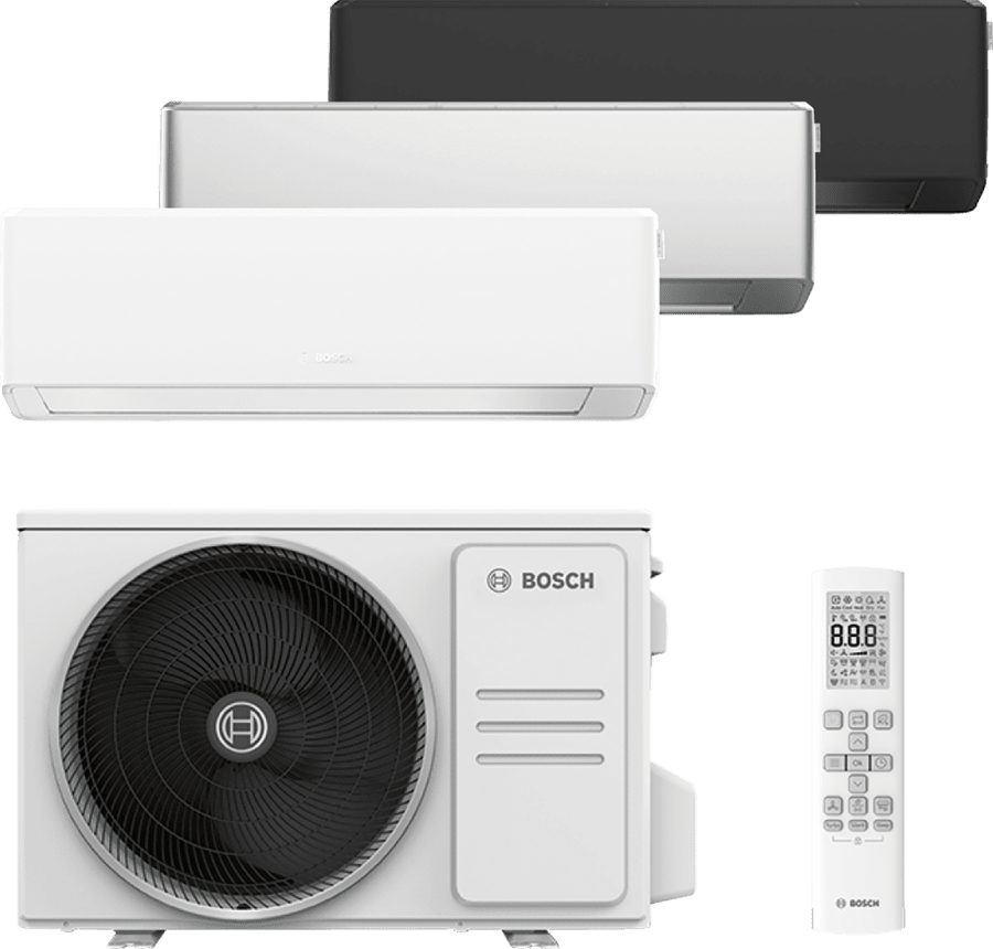 Bosch Climate 7000i Single-Split Klimagerät mit drei Innengeräten, Außengerät und Fernbedienung.