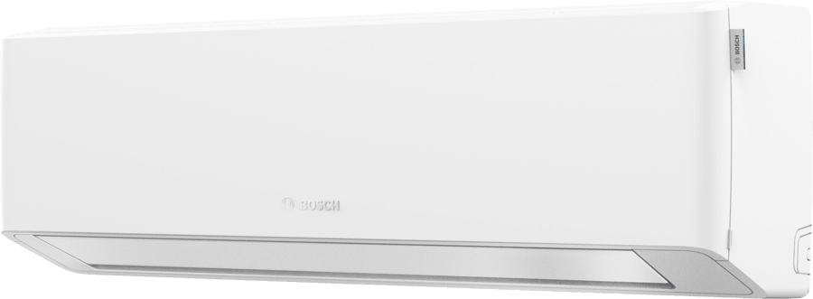 Die weiße Inneneinheit des Bosch Climate 7000i Klimageräts in schräger Frontansicht mit silbernem Luftauslass unten.