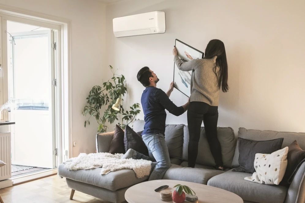 Couple hanging a picture