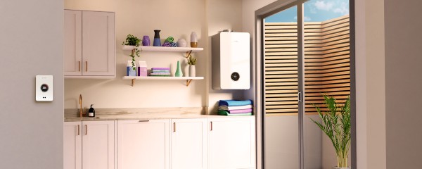 Plynový kondenzačný kotol Bosch v kuchyni moderného bytu s terasou Plynový kondenzačný kotol Bosch v kuchyni moderného bytu s terasou