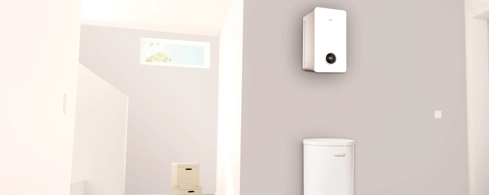 Kondenzačný plynový kotol a zásobník teplej vody Bosch inštalovaný v práčovni moderného domu
