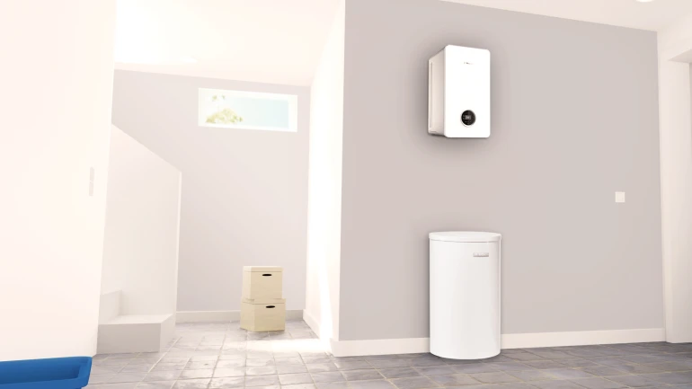 Kondenzačný plynový kotol a zásobník teplej vody Bosch inštalovaný v práčovni moderného domu