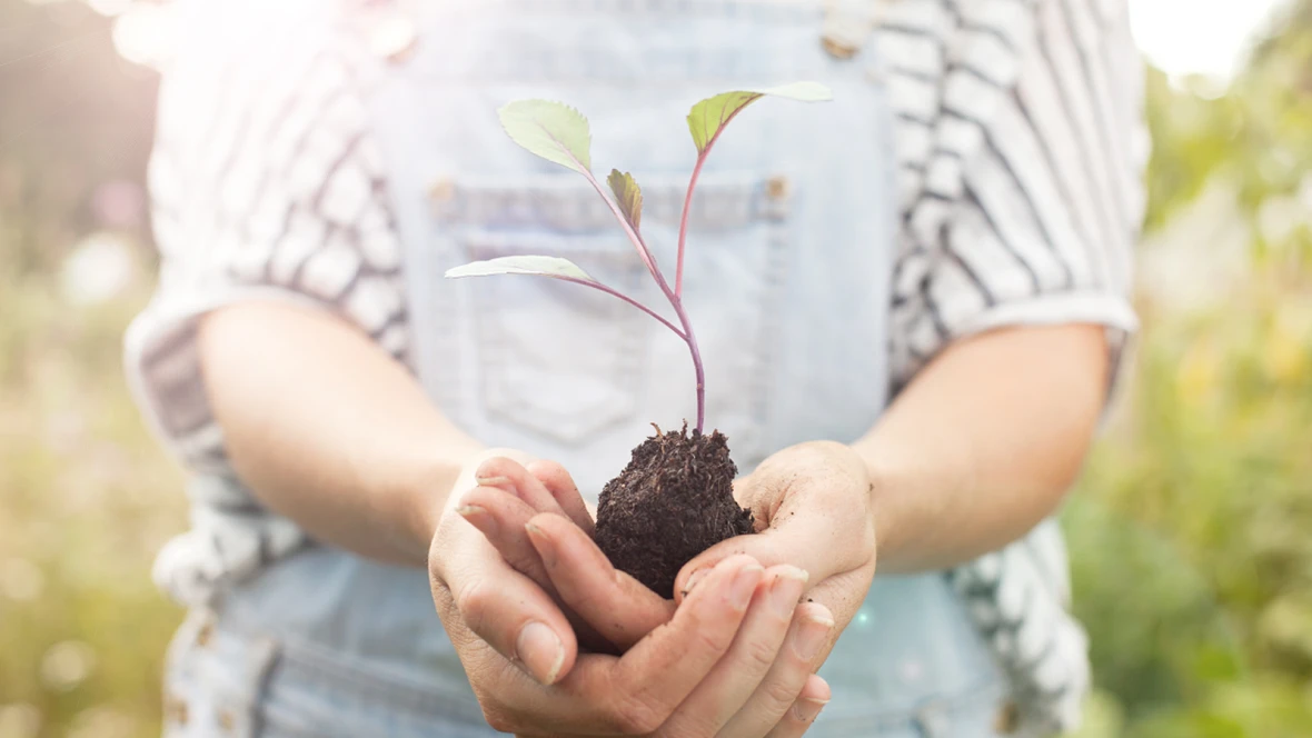 woman holds plant