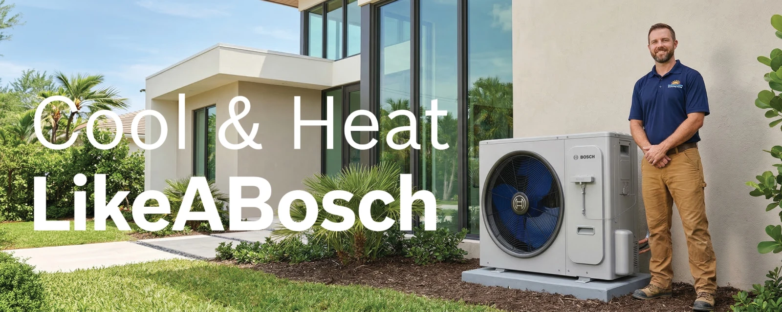 A Bosch installer standing next to an IDS Edge outdoor condenser in front of a house.